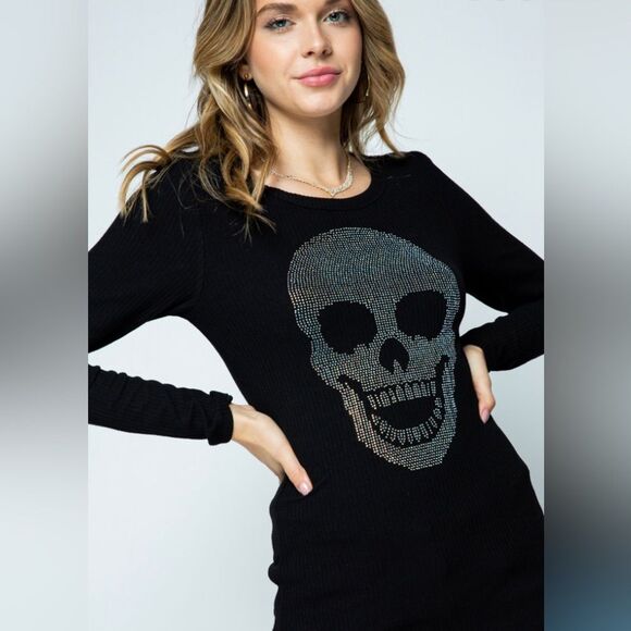 Vocal Tops - Vocal Rhinestone Skull LS Ribbed Tee